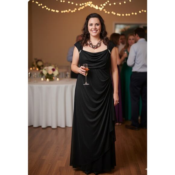 R&M Richards Woman Maxi Black Glitter Formal Draped Formal Cutout Back Dress 16W - Picture 1 of 11